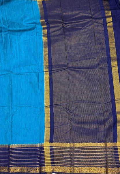 Raw Silk Saree-Ramar Blue With Contrast Border