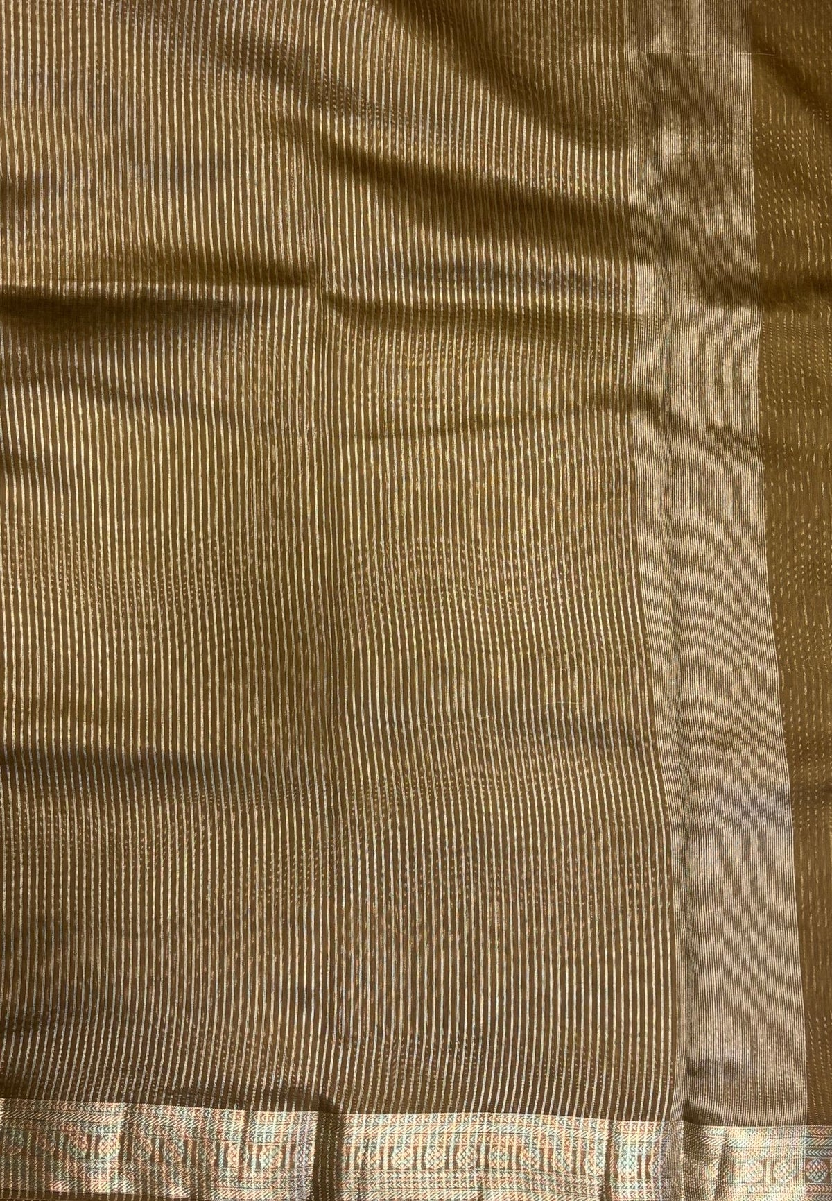 Chanderi Saree-Dry Green in Fine Stripe Zari Border