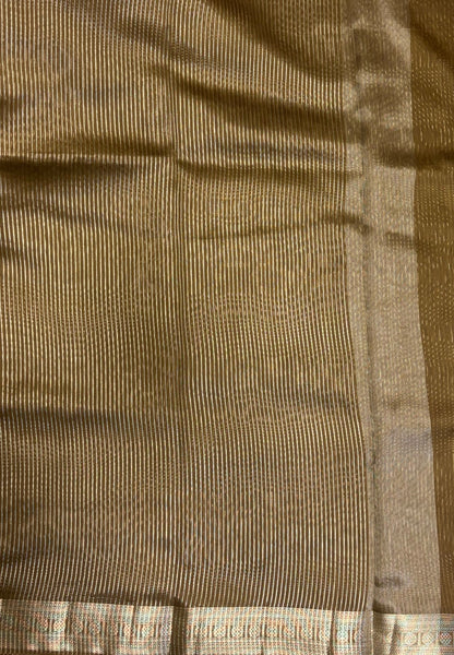 Chanderi Saree-Dry Green in Fine Stripe Zari Border