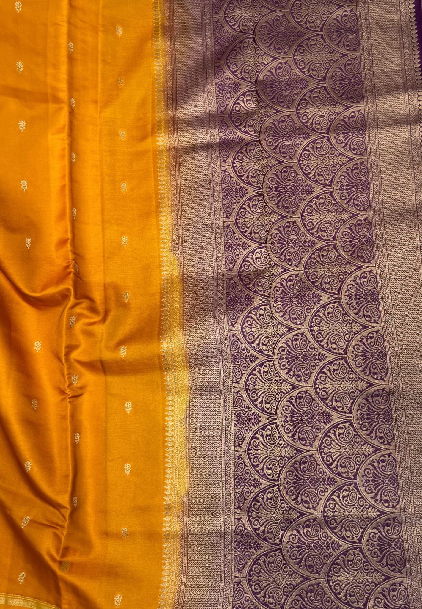 Gaji Silk Saree-Turmeric Yellow In Paisley Jaal Zari Border