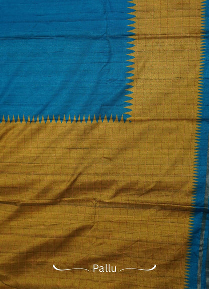 Semi Tussar Saree – Ramer Blue & Olive Green Checks Design
