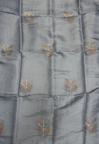 Blueberry Silk Saree-Muted in Leaf Butta Embroidery Border