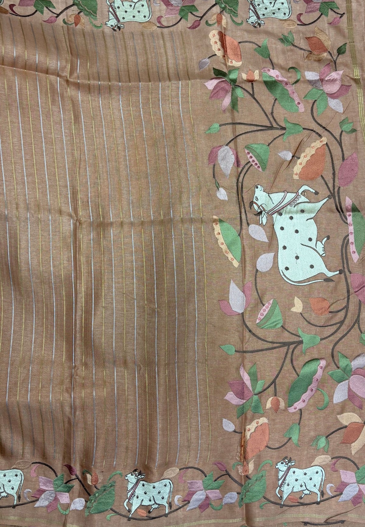 Tussar Saree-Pale Orange with Zari Stripes in Pichwai Embroidery Border