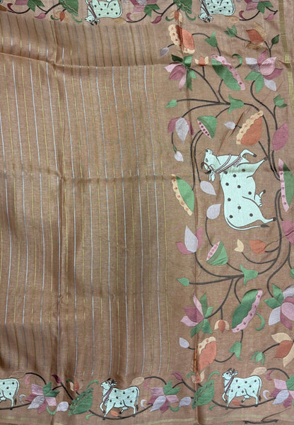 Tussar Saree-Pale Orange with Zari Stripes in Pichwai Embroidery Border