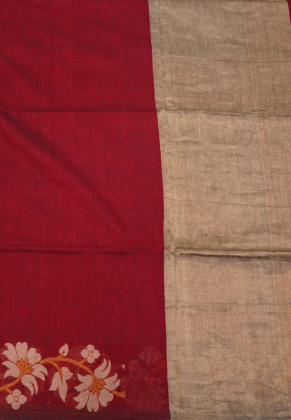 Handloom Cotton Saree-Red Lotus Jamdhani Border