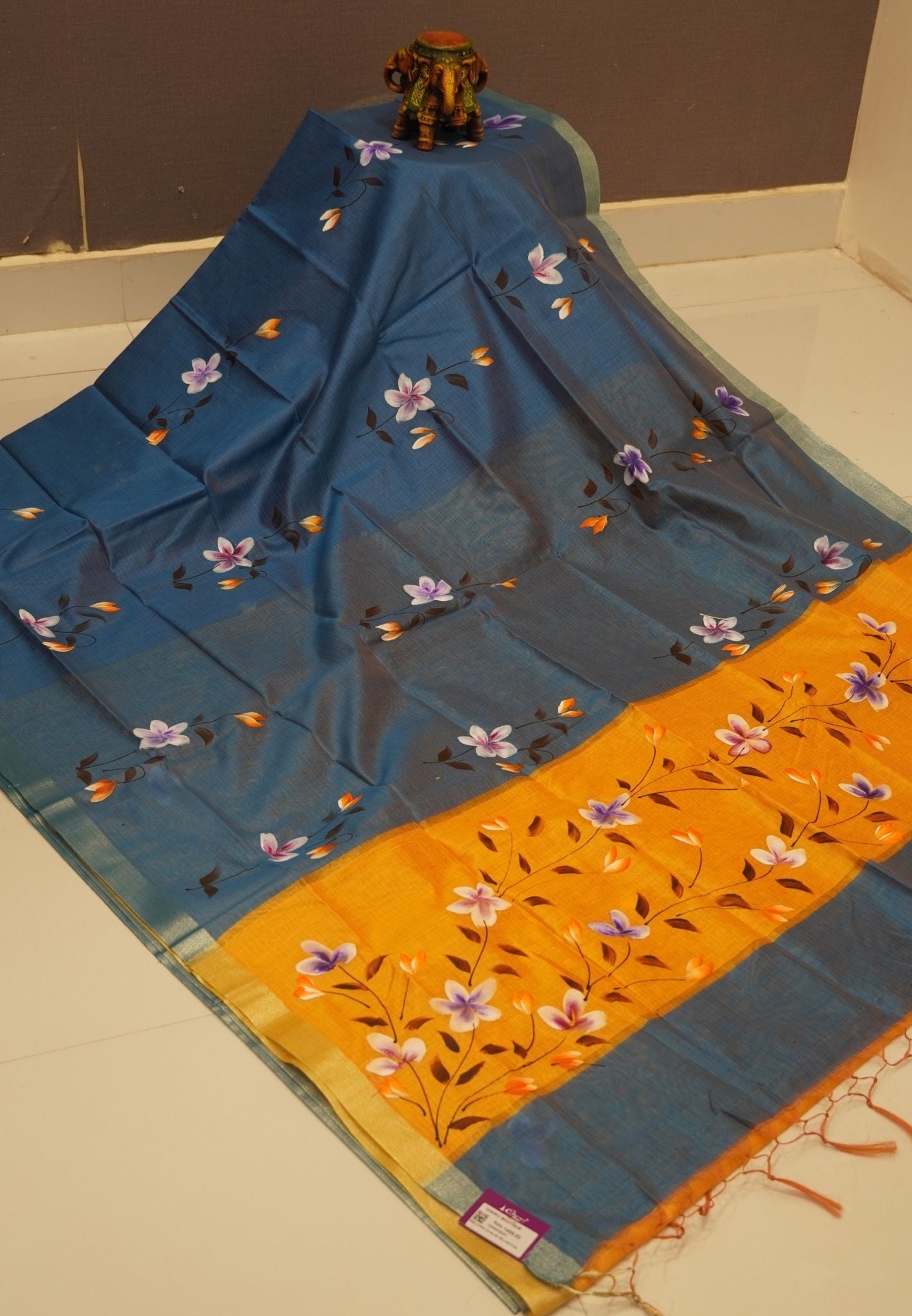 Cora Linen Saree-Blue with Hand Painted Floral Motifs