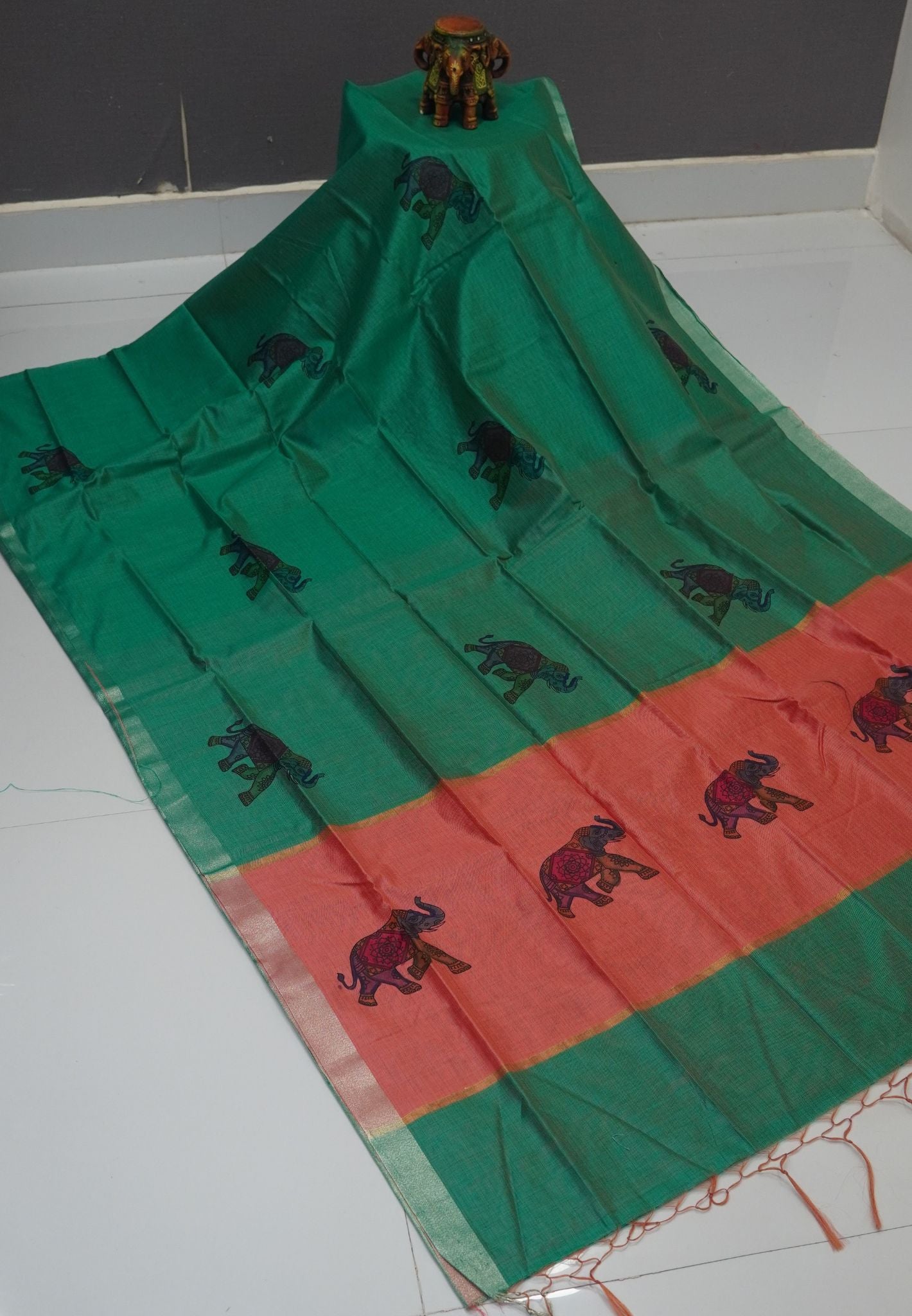 Cora Linen Saree-Green with Kalasthri Print