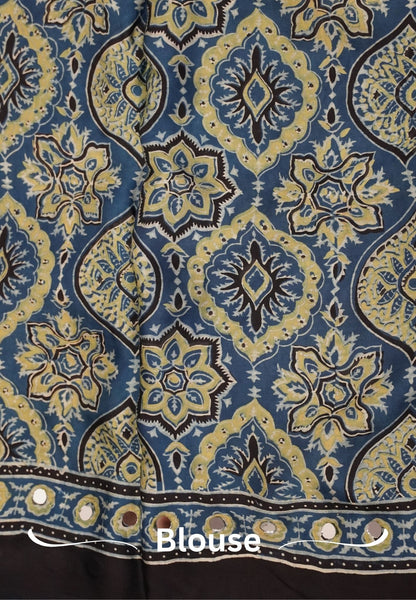 Pure Modal Silk Saree-Original Mirror Work &Traditional Printed Motifs - Black with Ramar Blue