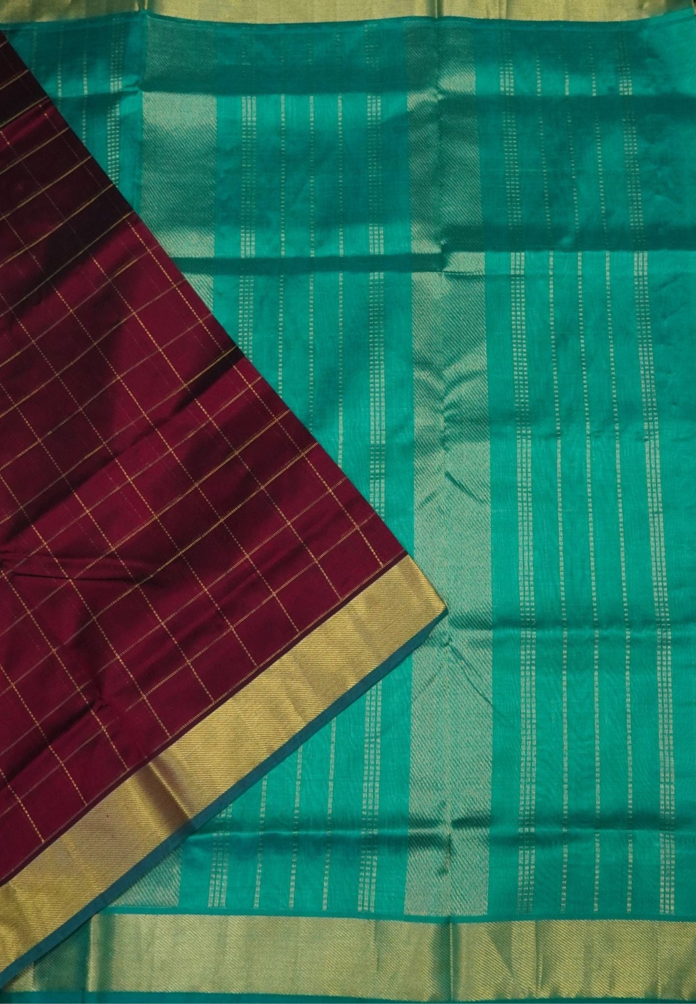 Pure Silk Cotton Saree – Maroon in Big Zari Checks with Tissue Border