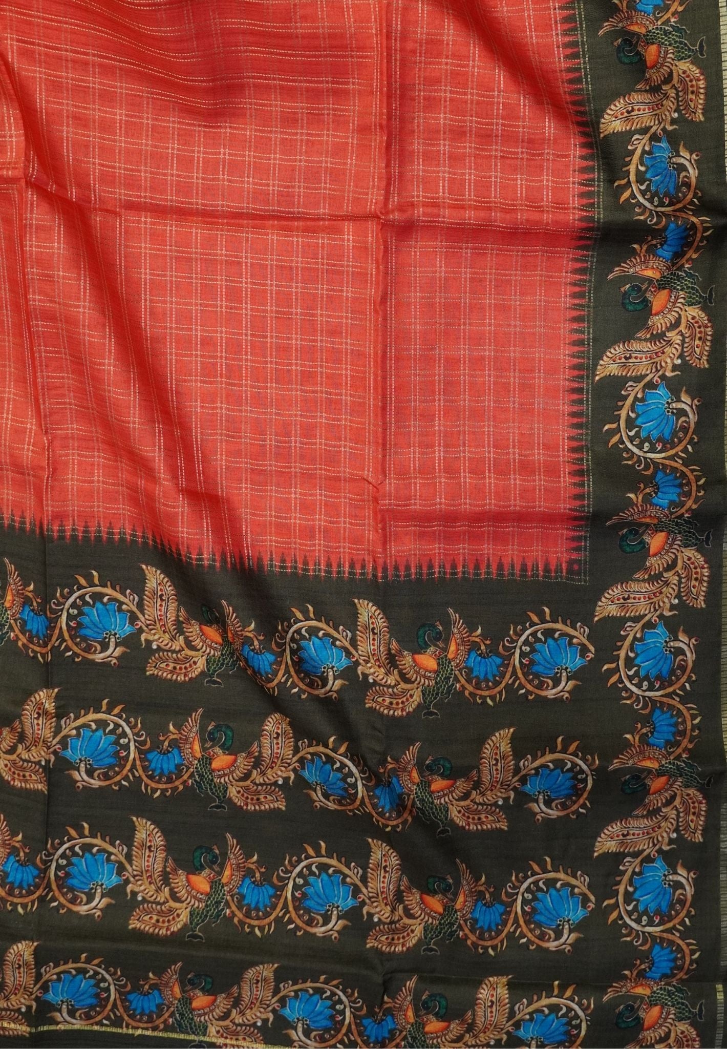 Premium Matka Tussar Saree-Red with Contrast Border in Tanjore Print