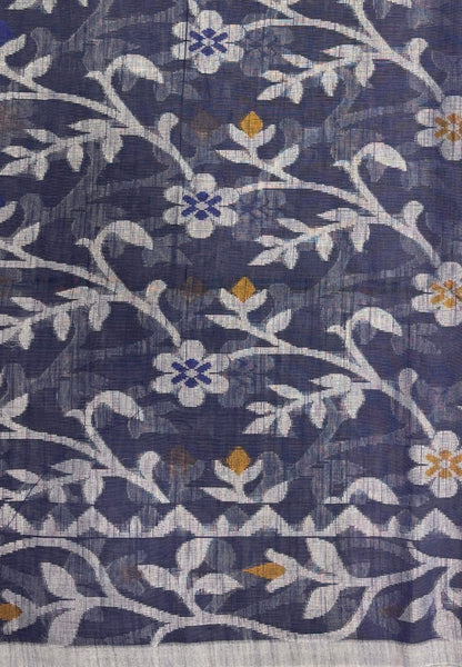 Dhakai Jamdhani Cotton Saree-Blue In Floral Vine Zari Border