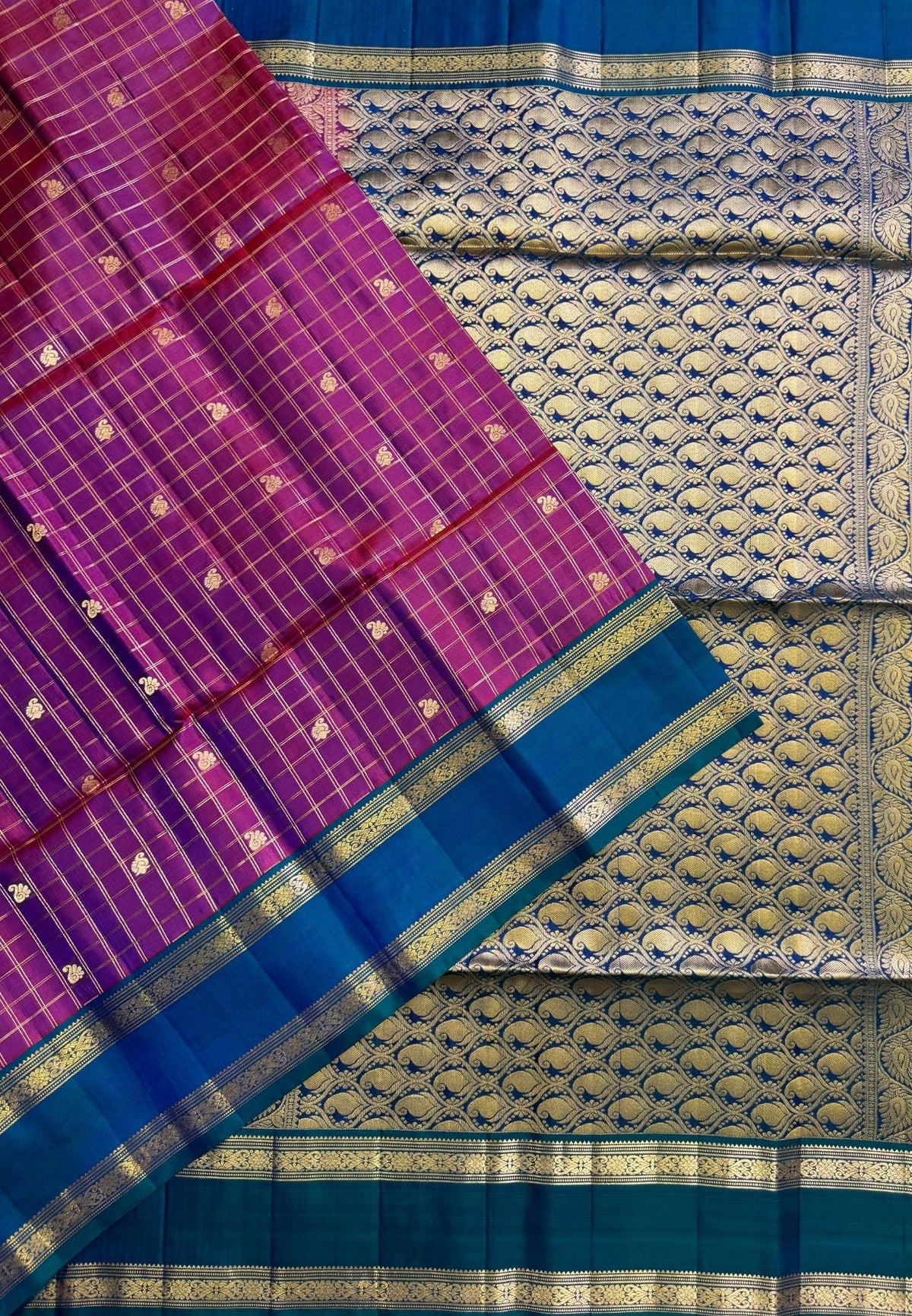 Pure Kanchipuram Silk Saree-Plum Red in Zari Checks with Contrast Rettapet Border
