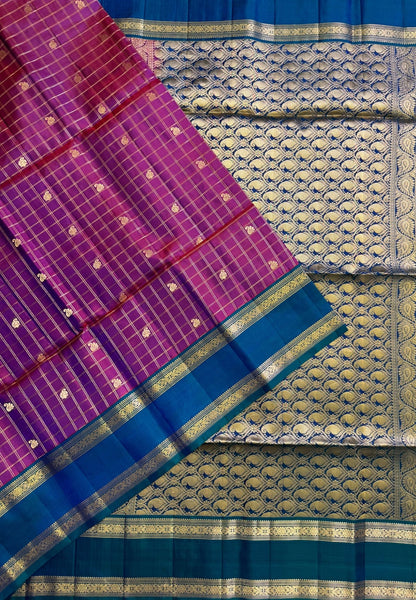 Pure Kanchipuram Silk Saree-Plum Red in Zari Checks with Contrast Rettapet Border