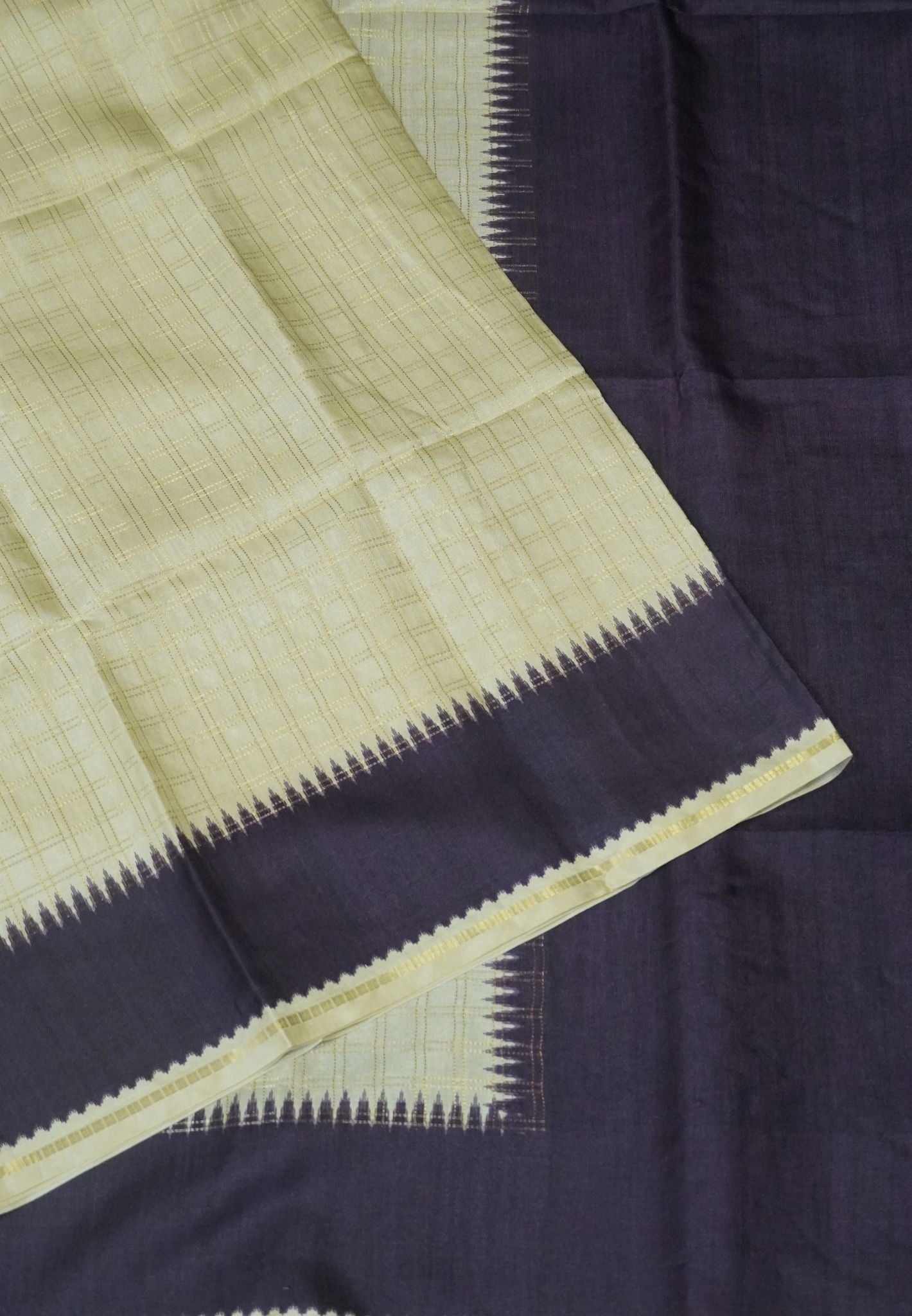 Semi Matka Tussar Saree-Off White with Contrast Border and Zari Checks