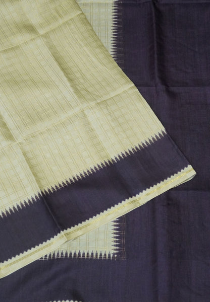 Semi Matka Tussar Saree-Off White with Contrast Border and Zari Checks