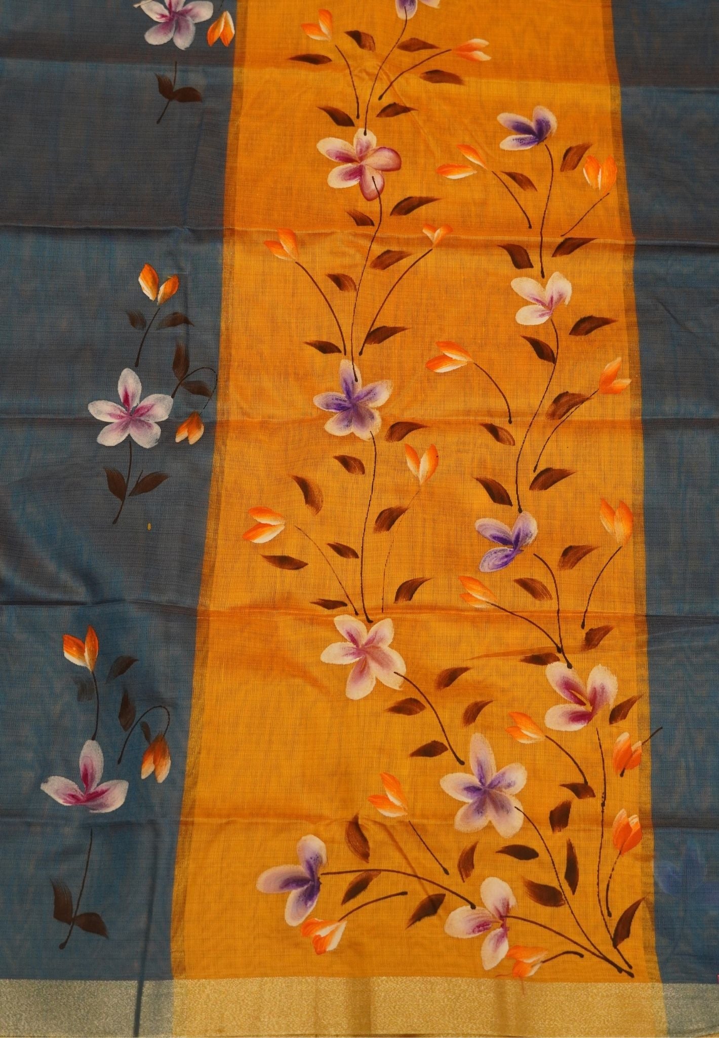 Cora Linen Saree-Blue with Hand Painted Floral Motifs