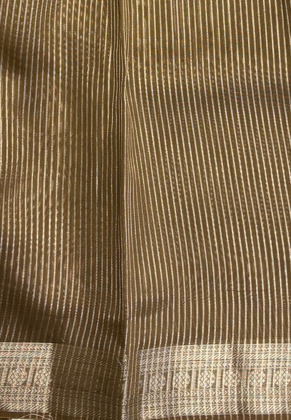 Chanderi Saree-Dry Green in Fine Stripe Zari Border