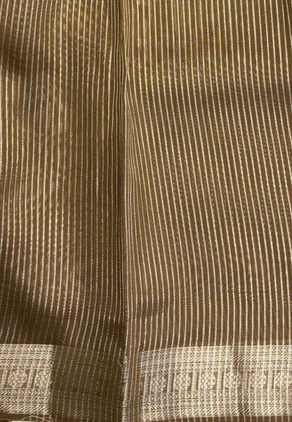 Chanderi Saree-Dry Green in Fine Stripe Zari Border