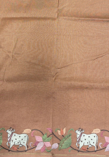 Tussar Saree-Pale Orange with Zari Stripes in Pichwai Embroidery Border