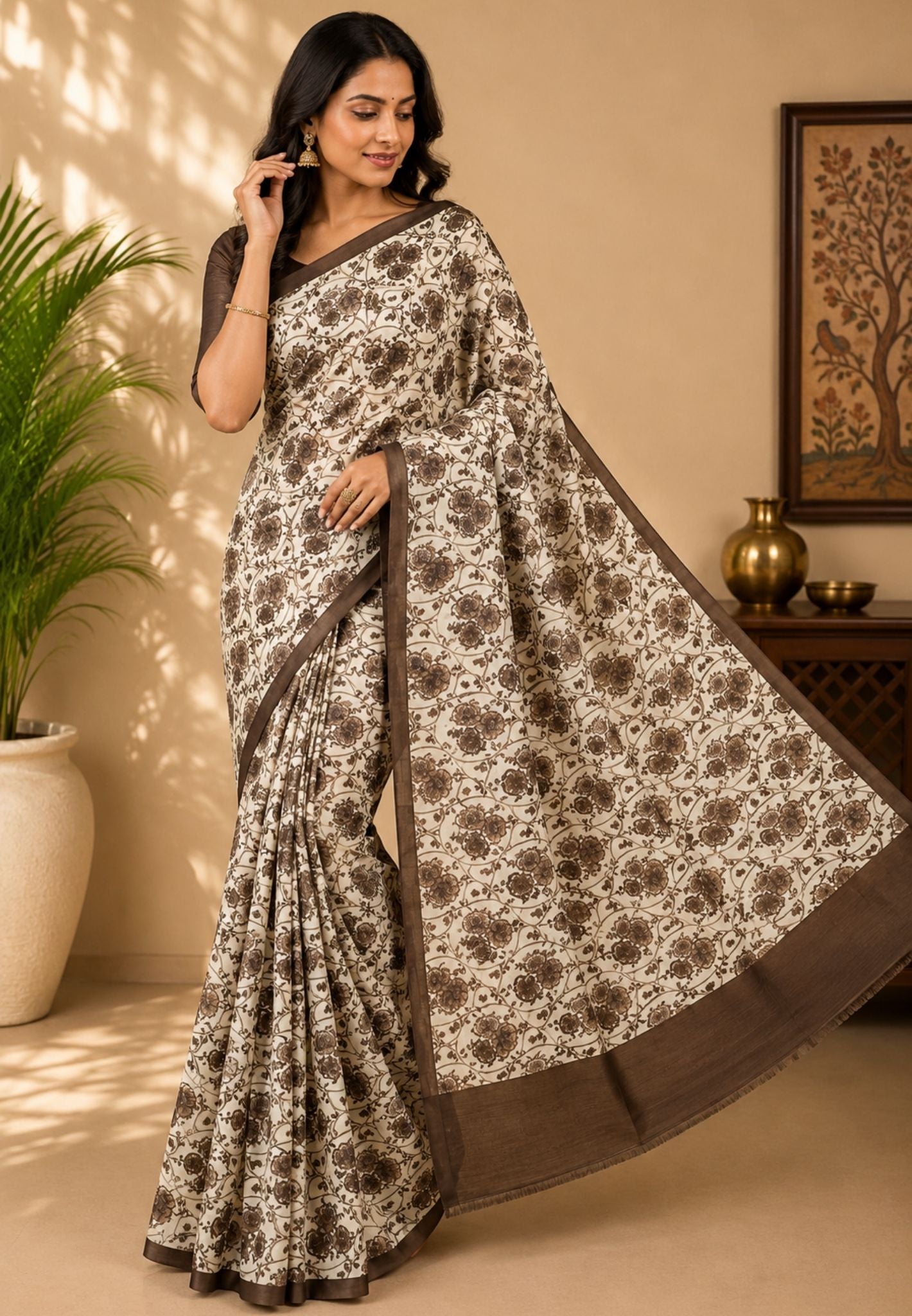 Pure Tussar Saree-Sandal in Floral Pattern