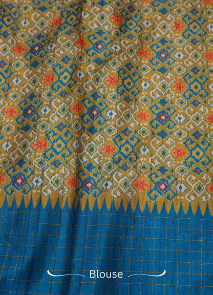Semi Tussar Saree – Ramer Blue & Olive Green Checks Design
