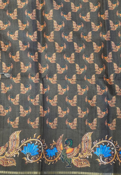 Premium Matka Tussar Saree-Red with Contrast Border in Tanjore Print