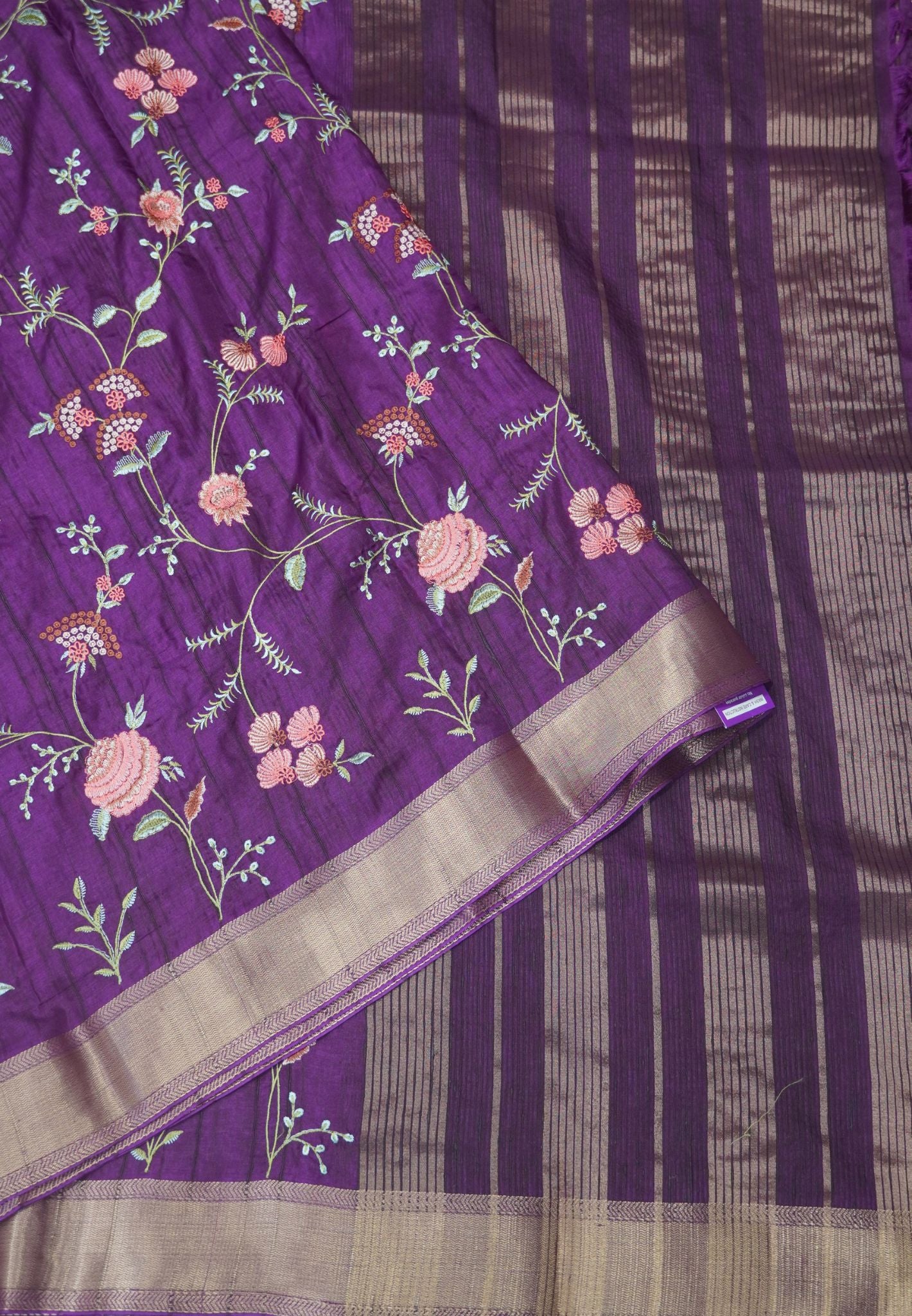 Soft Tussar Saree-Wine with Floral Embroidery Work