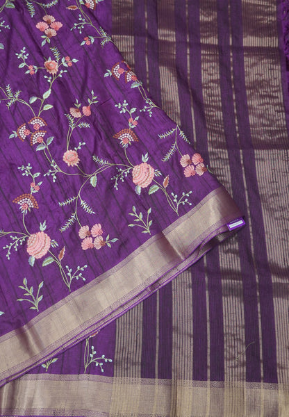 Soft Tussar Saree-Wine with Floral Embroidery Work