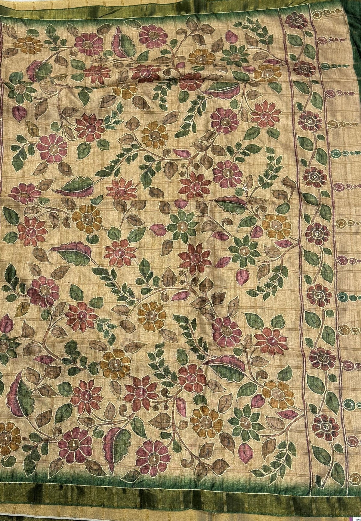Semi Tussar Saree-Green In Floral Kalamkari with Hanging Motif Border