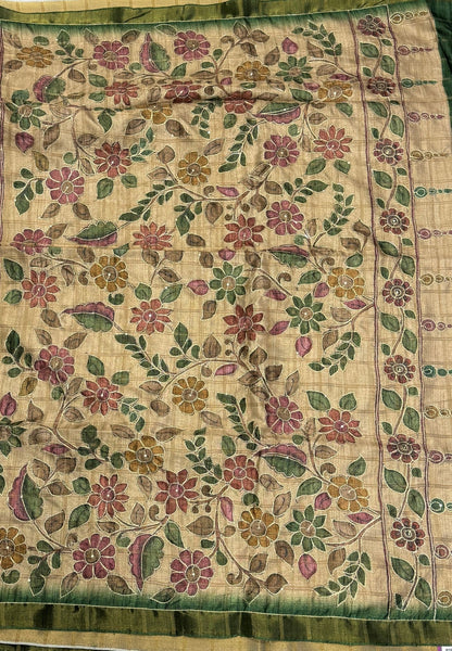 Semi Tussar Saree-Green In Floral Kalamkari with Hanging Motif Border