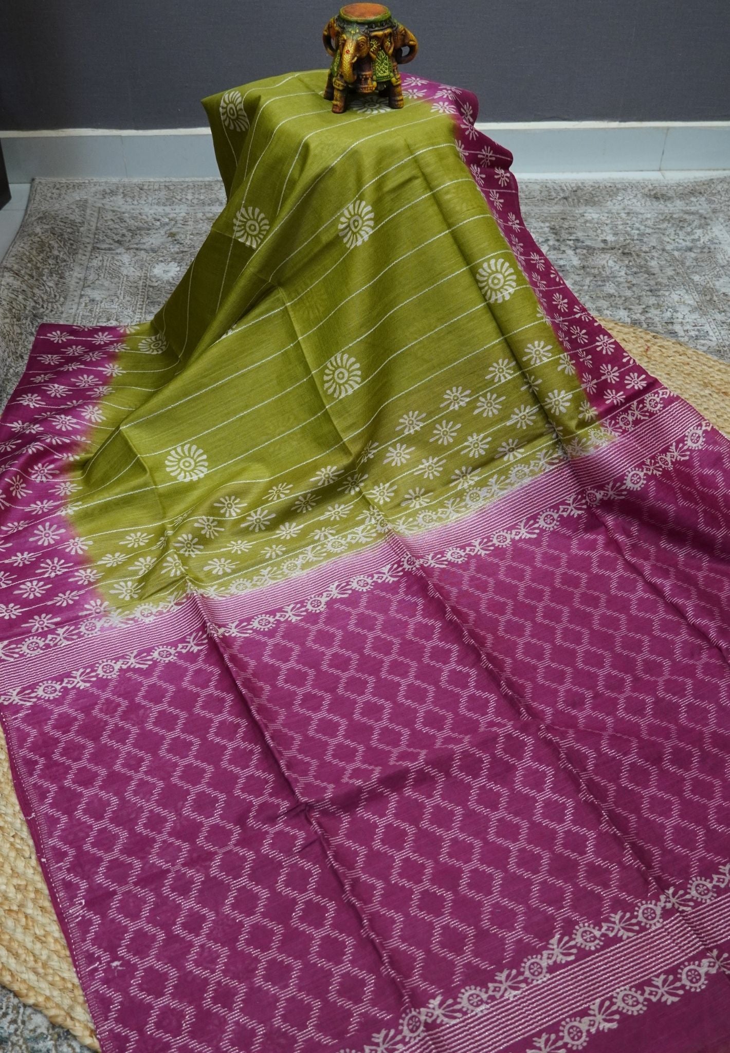 Bhagalpur Cotton Saree-Olive Green