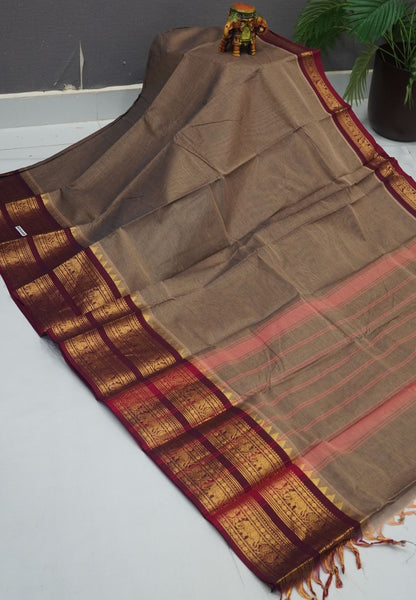 Chettinadu Cotton Saree-Bronze Beige with Elephant Big Border