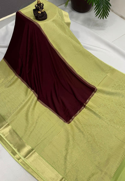 Art Mysore Silk Saree-Maroon-Pista Green In Floral Zari With Contrast Border