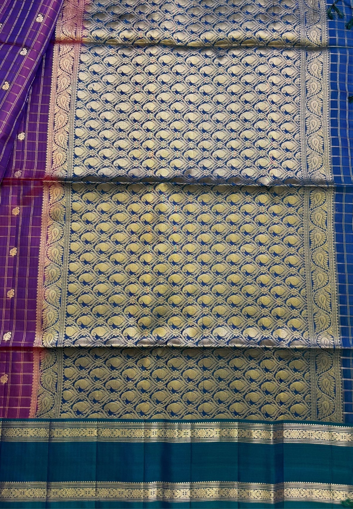Pure Kanchipuram Silk Saree-Plum Red in Zari Checks with Contrast Rettapet Border