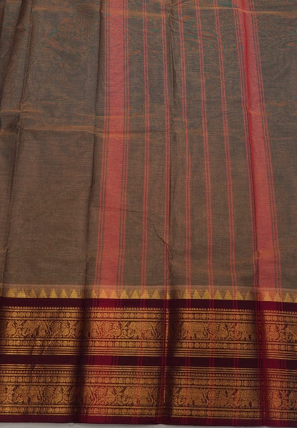 Chettinadu Cotton Saree-Bronze Beige with Elephant Big Border