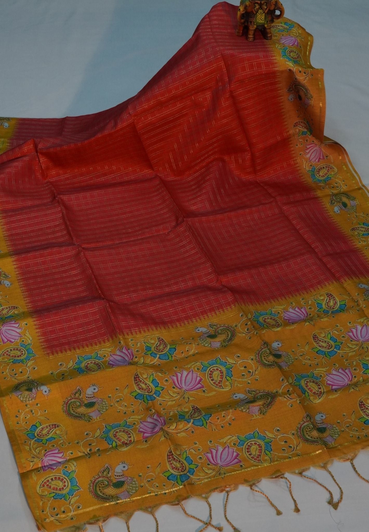 Premium Tussar Saree-Red with Contrast Mayil Border