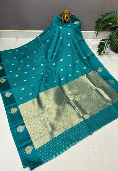 Art Silk Kota Saree-Peacock Green In Geometric Zari Brocade Border