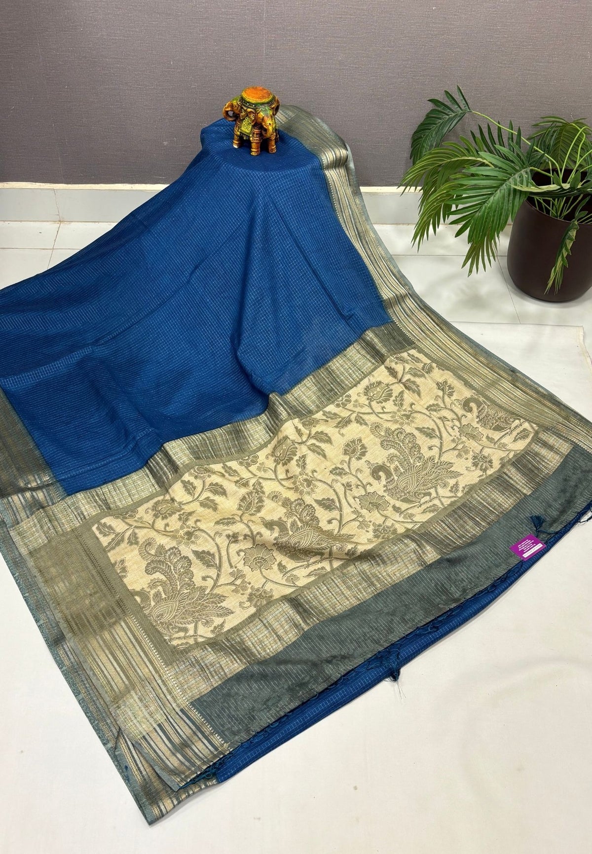 Muslin Tussar Saree-Blue In Floral Vine Border