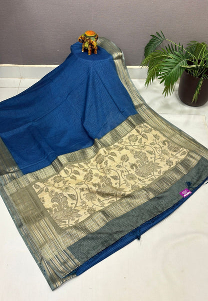 Muslin Tussar Saree-Blue In Floral Vine Border