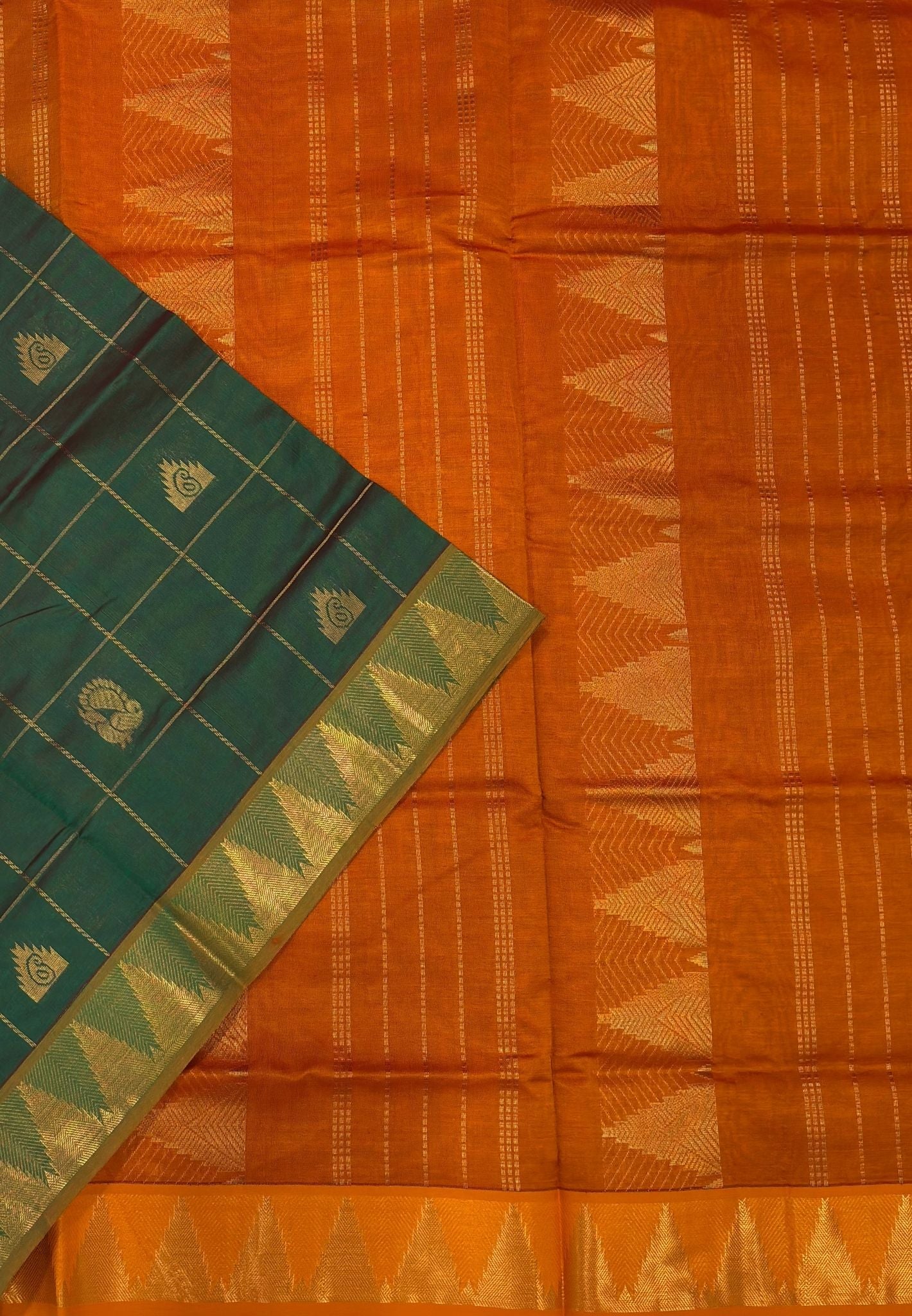 Silk Cotton Saree-Grass Green with Contrast Temple Border