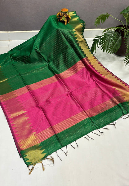 Semi Raw Silk Saree-Grass Green In Zigzag Zari With Contrast Border