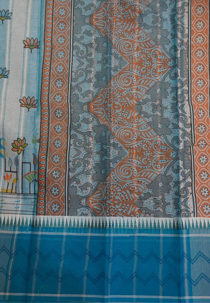 Pure Cotton Saree-Cream with Sky Blue in Lotus Breeze Pattern