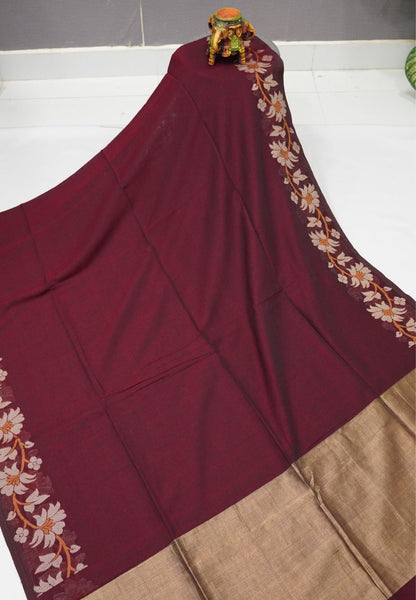Handloom Cotton Saree-Maroon Lotus Jamdhani Border