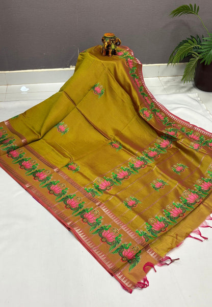 Pure Mangalgiri Silk Saree-Manthulir Green with Tanjore Print