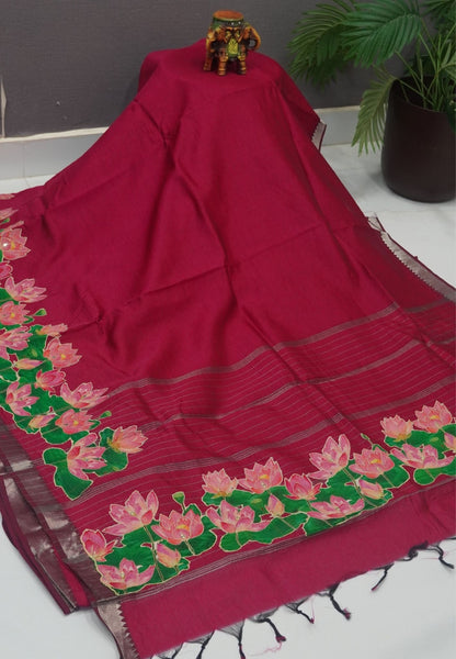 Pure Mangalgiri Silk Saree-Magenta with Aplique Work