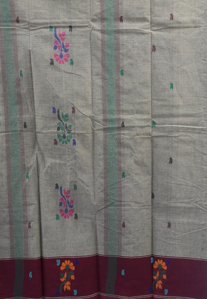Chettinad Cotton Saree-Grey With Floral Bouquet Border