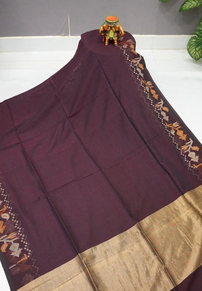 Handloom Cotton Saree-Coffee brown Kalash Jamdhani Border
