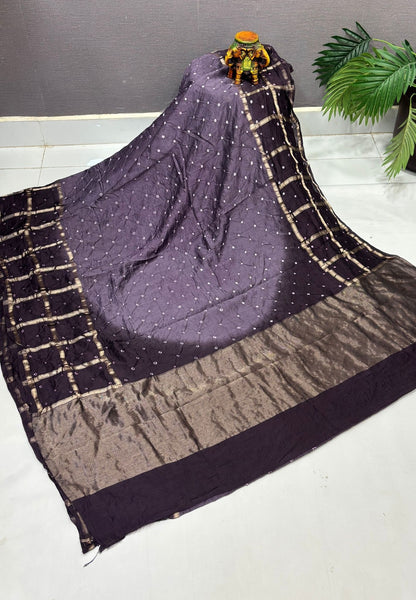 Banarasi Bandeji Saree-Muted Violet in Checked Zari Border