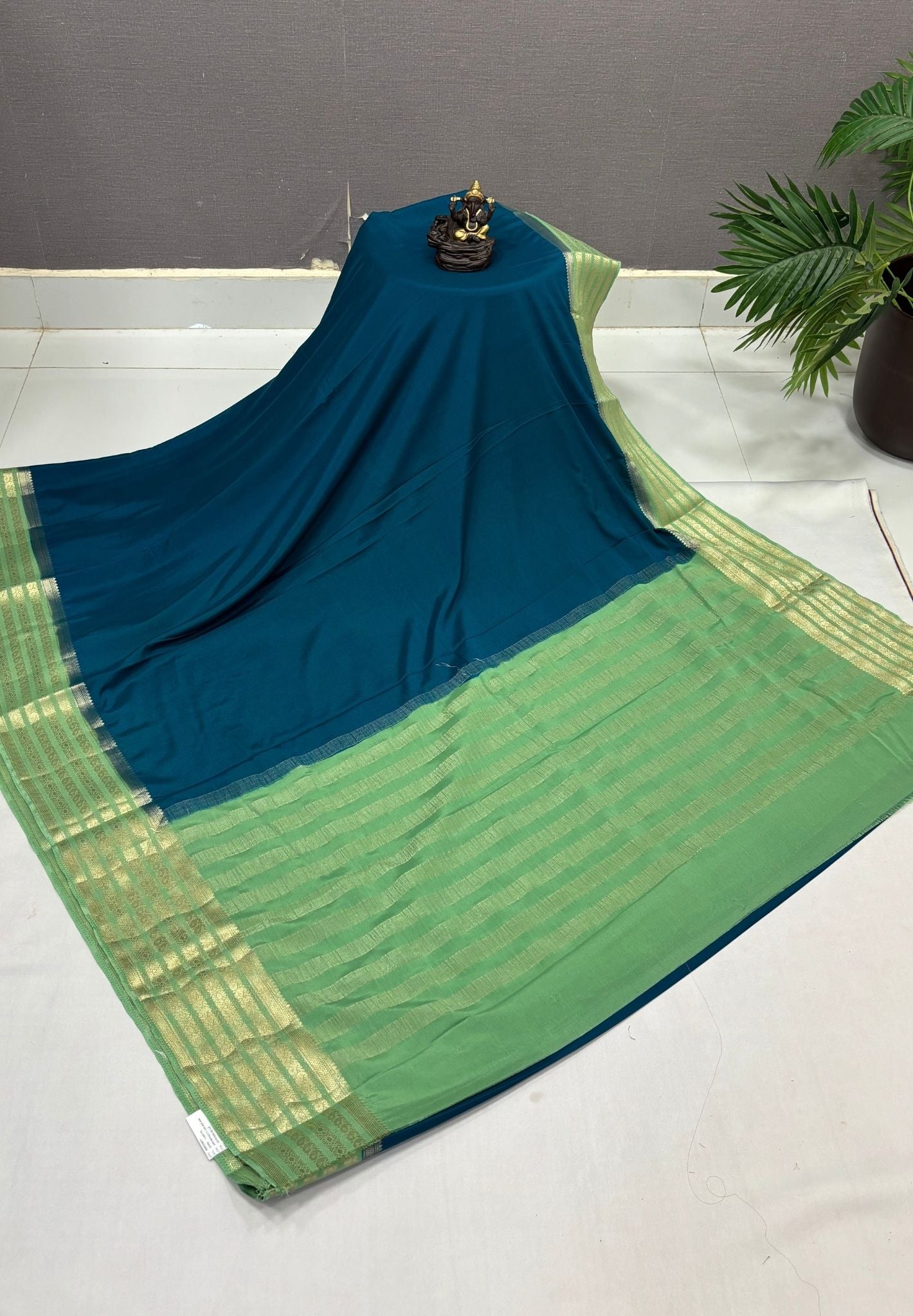 Mysore Crepe Silk Saree-Peacock Blue With Contrast Border