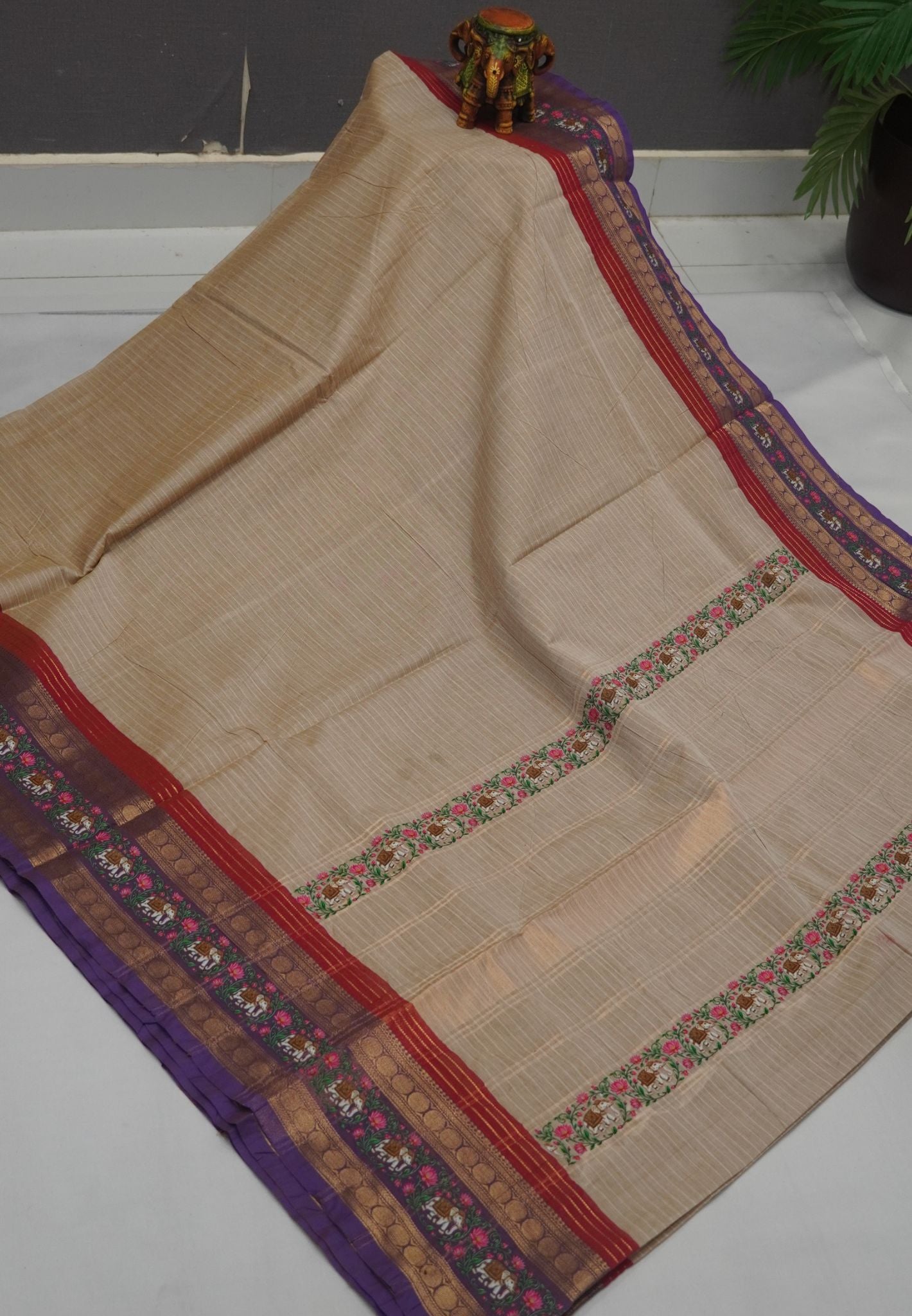 Chettinad Cotton Saree- Beige with Elephant Tanjore Print